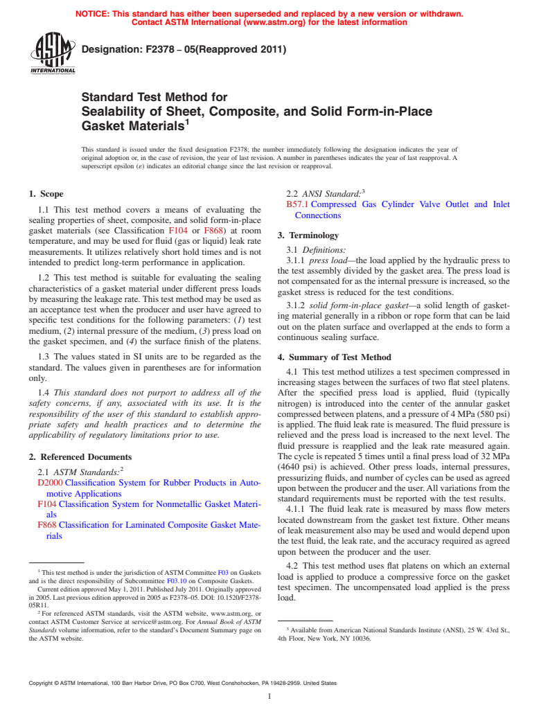 ASTM F2378-05(2011) - Standard Test Method for Sealability of Sheet, Composite, and Solid Form-in-Place Gasket Materials