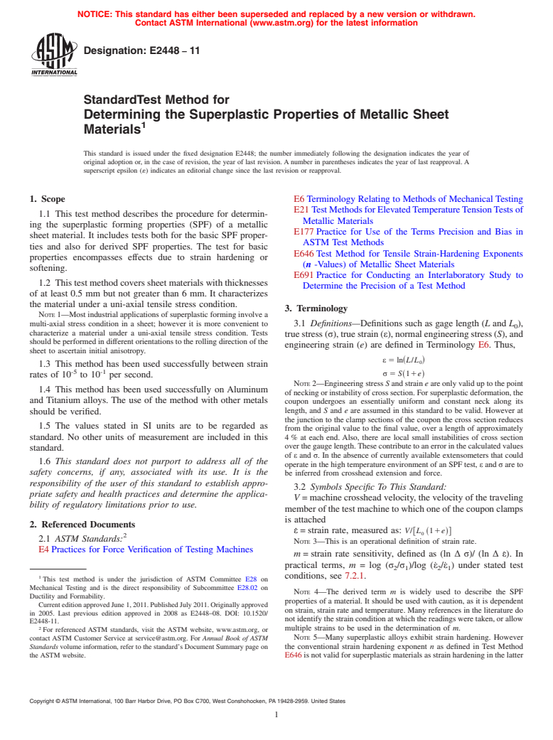 ASTM E2448-11 - Standard Test Method for Determining the Superplastic Properties of Metallic Sheet Materials