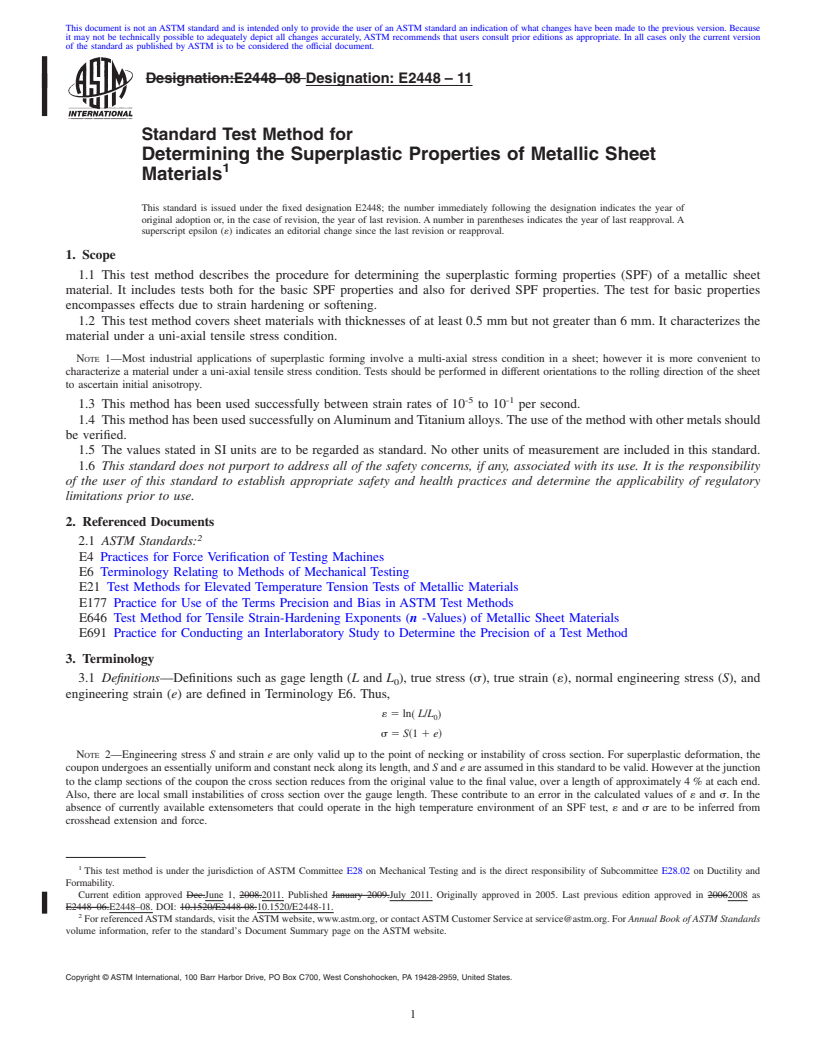 REDLINE ASTM E2448-11 - Standard Test Method for Determining the Superplastic Properties of Metallic Sheet Materials