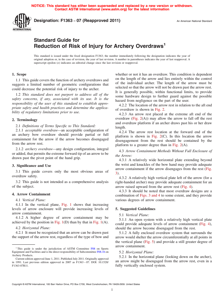 ASTM F1363-07(2011) - Standard Guide for Reduction of Risk of Injury for Archery Overdraws