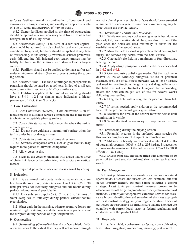 ASTM F2060-00(2011) - Standard Guide for Maintaining Cool Season Turfgrasses on Athletic Fields