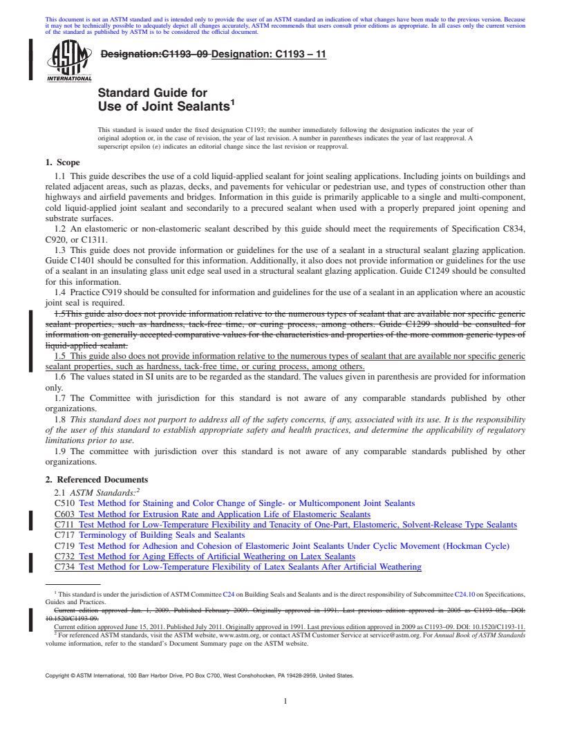 REDLINE ASTM C1193-11 - Standard Guide for Use of Joint Sealants