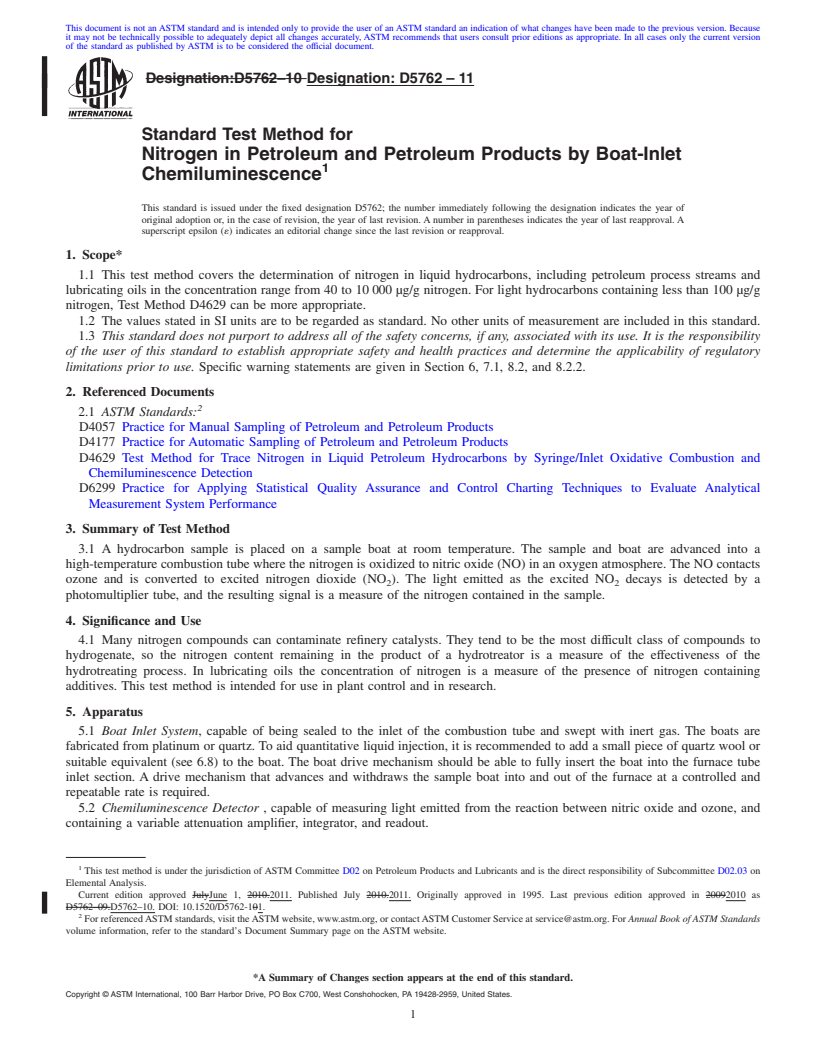 REDLINE ASTM D5762-11 - Standard Test Method for Nitrogen in Petroleum and Petroleum Products by Boat-Inlet Chemiluminescence