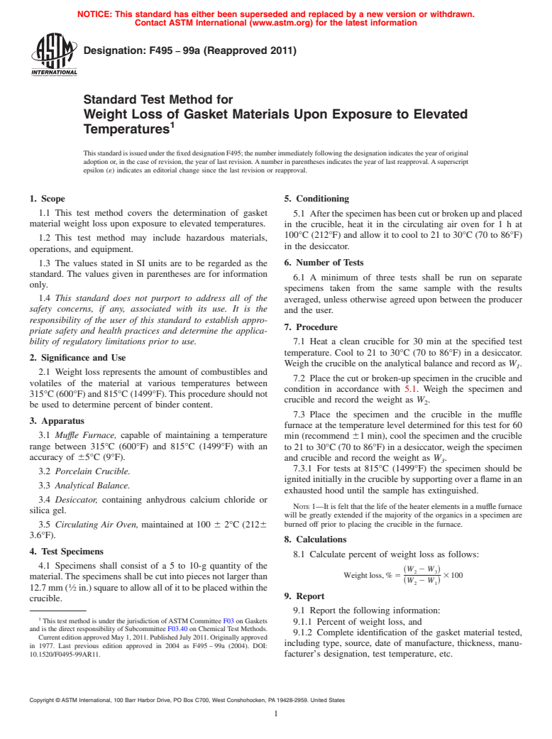 ASTM F495-99a(2011) - Standard Test Method for Weight Loss of Gasket Materials Upon Exposure to Elevated Temperatures