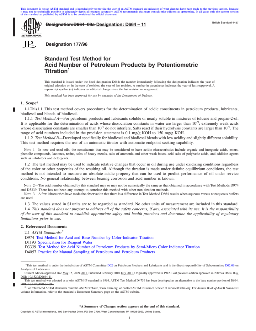 REDLINE ASTM D664-11 - Standard Test Method for Acid Number of Petroleum Products by Potentiometric Titration