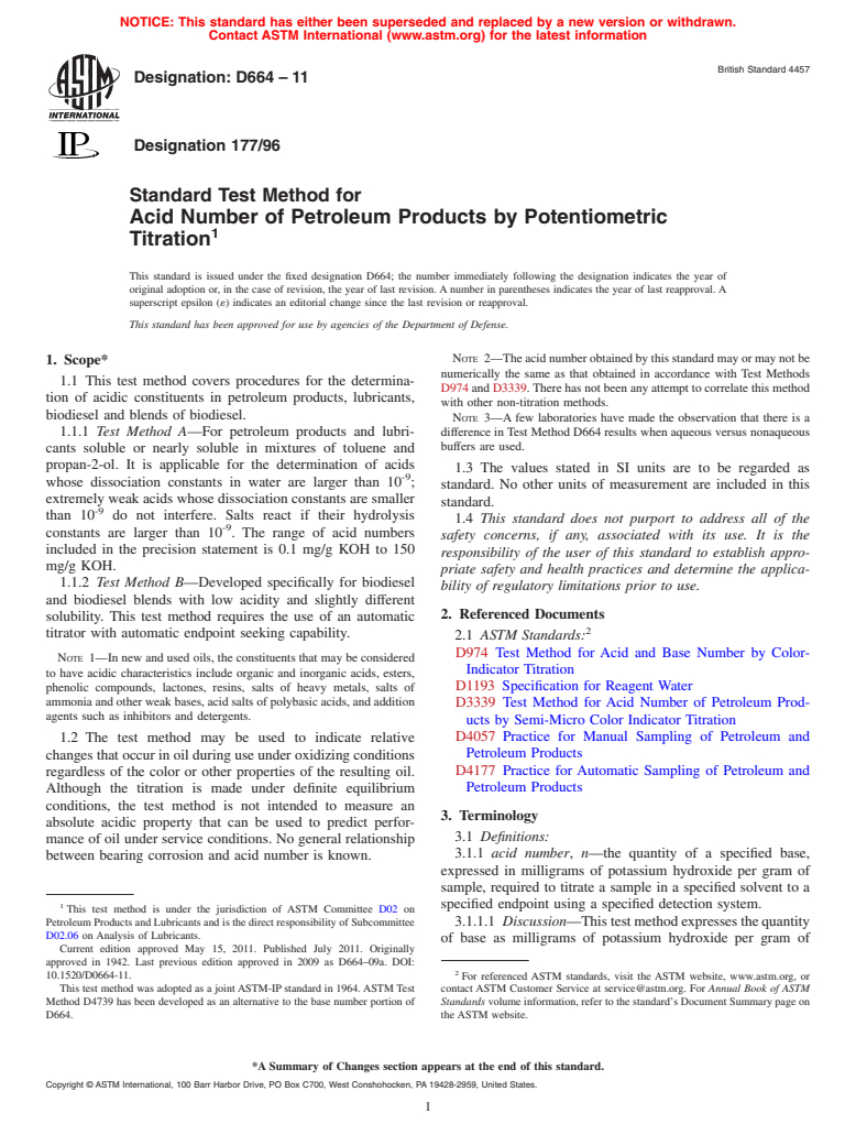 ASTM D664-11 - Standard Test Method for Acid Number of Petroleum Products by Potentiometric Titration