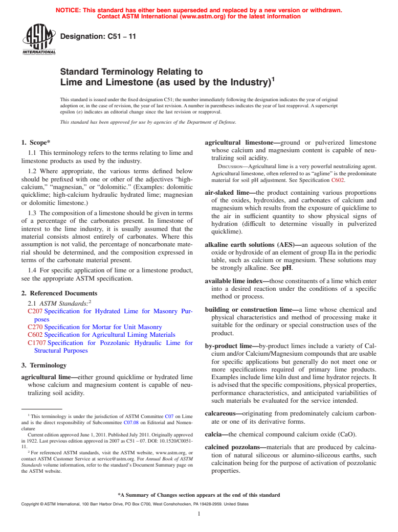 ASTM C51-11 - Standard Terminology Relating to  Lime and Limestone (as used by the Industry)