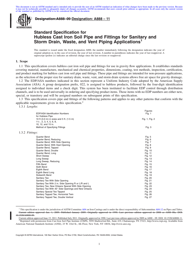 REDLINE ASTM A888-11 - Standard Specification for Hubless Cast Iron Soil Pipe and Fittings for Sanitary and Storm Drain, Waste, and Vent Piping Applications