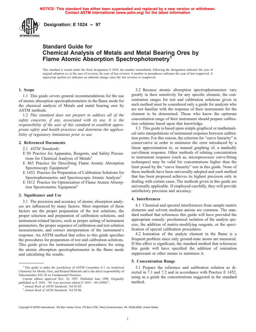 ASTM E1024-97 - Standard Guide for Chemical Analysis of Metals and Metal Bearing Ores by Flame Atomic Absorption Spectrophotometry