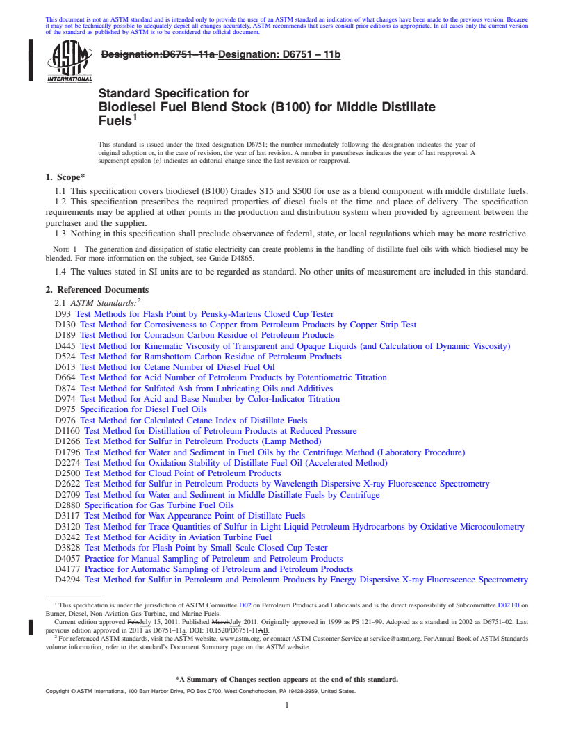 REDLINE ASTM D6751-11b - Standard Specification for Biodiesel Fuel Blend Stock (B100) for Middle Distillate Fuels