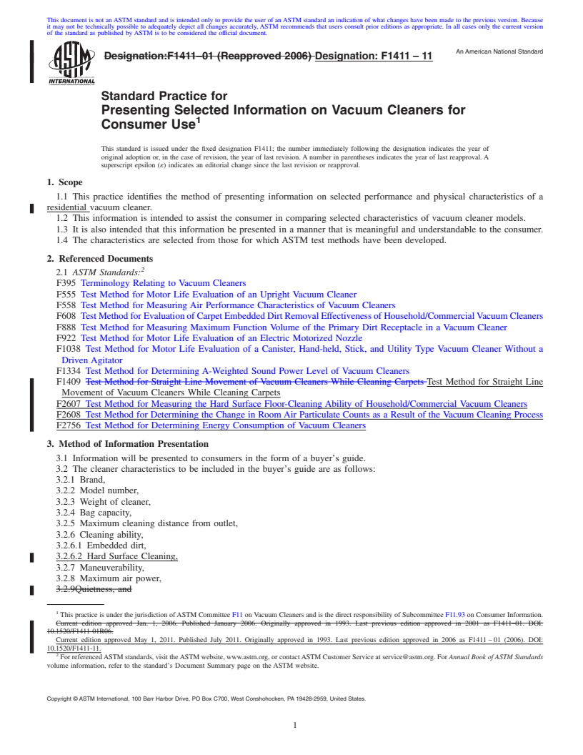 REDLINE ASTM F1411-11 - Standard Practice for Presenting Selected Information on Vacuum Cleaners for Consumer Use