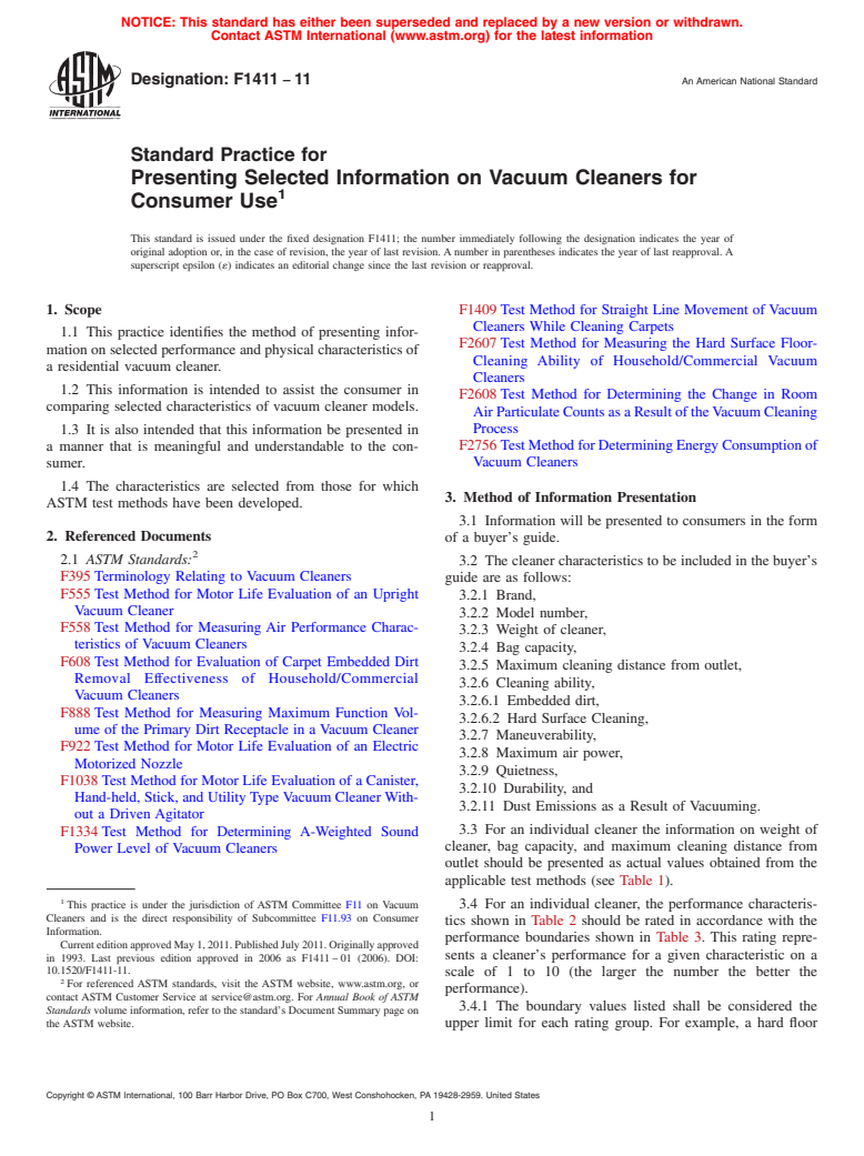 ASTM F1411-11 - Standard Practice for Presenting Selected Information on Vacuum Cleaners for Consumer Use