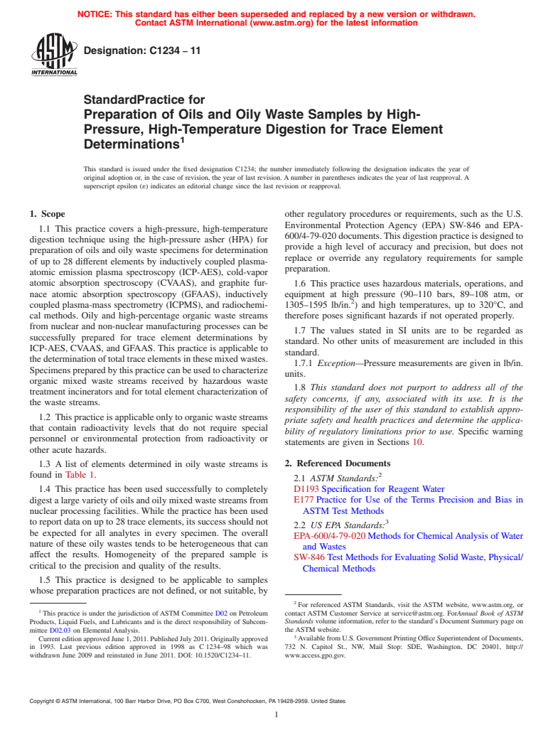 ASTM C1234-11 - Standard Practice for Preparation of Oils and Oily Waste Samples by High-Pressure, High-Temperature Digestion for Trace Element Determinations