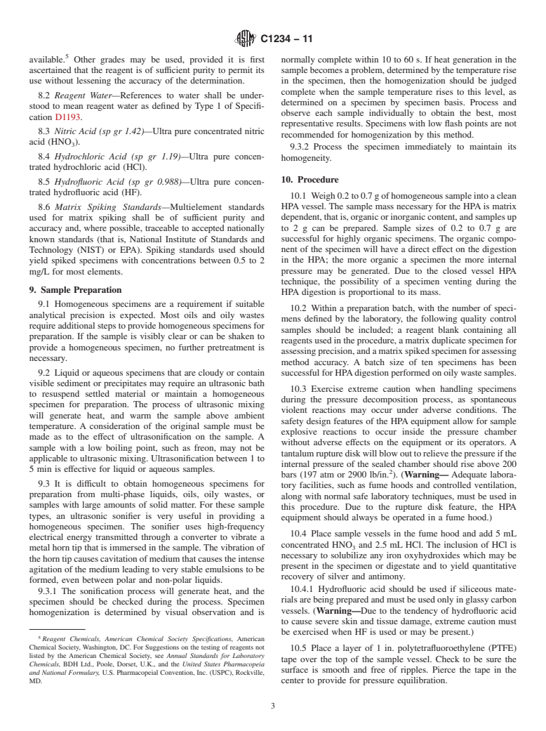 ASTM C1234-11 - Standard Practice for Preparation of Oils and Oily Waste Samples by High-Pressure, High-Temperature Digestion for Trace Element Determinations