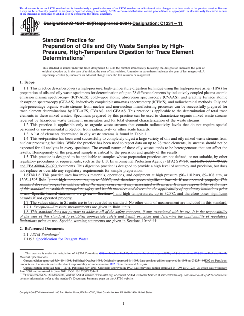 REDLINE ASTM C1234-11 - Standard Practice for Preparation of Oils and Oily Waste Samples by High-Pressure, High-Temperature Digestion for Trace Element Determinations