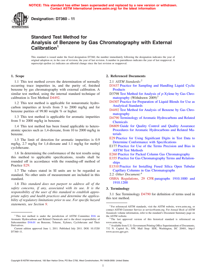 ASTM D7360-11 - Standard Test Method for Analysis of Benzene by Gas Chromatography with External Calibration