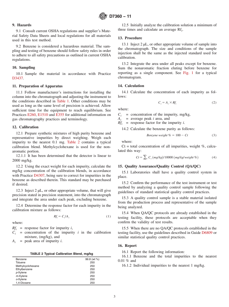 ASTM D7360-11 - Standard Test Method for Analysis of Benzene by Gas Chromatography with External Calibration