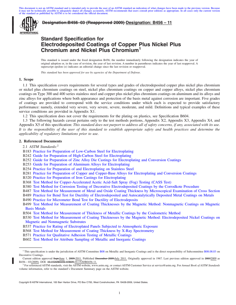REDLINE ASTM B456-11 - Standard Specification for  Electrodeposited Coatings of Copper Plus Nickel Plus<br>  Chromium and Nickel Plus Chromium