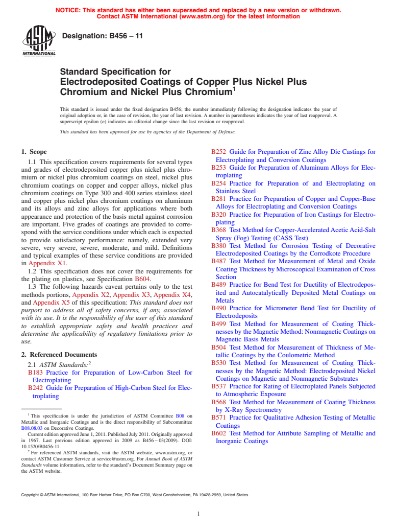 ASTM B456-11 - Standard Specification for  Electrodeposited Coatings of Copper Plus Nickel Plus<br>  Chromium and Nickel Plus Chromium
