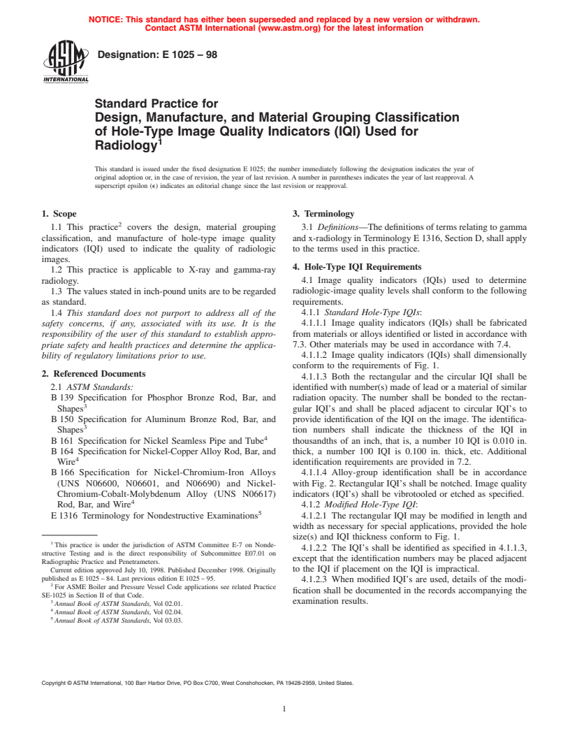 ASTM E1025-98 - Standard Practice for Design, Manufacture, and Material Grouping Classification of Hole-Type Image Quality Indicators (IQI) Used for Radiology