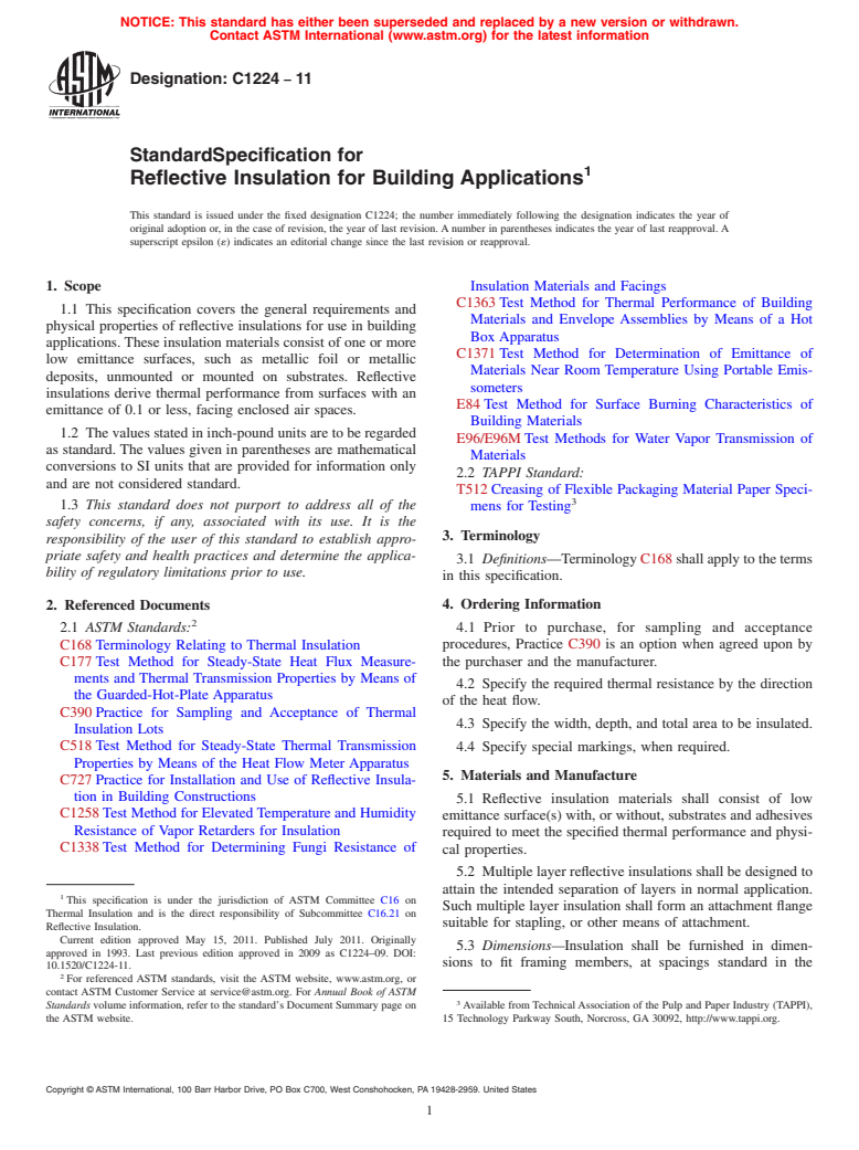 ASTM C1224-11 - Standard Specification for Reflective Insulation for Building Applications