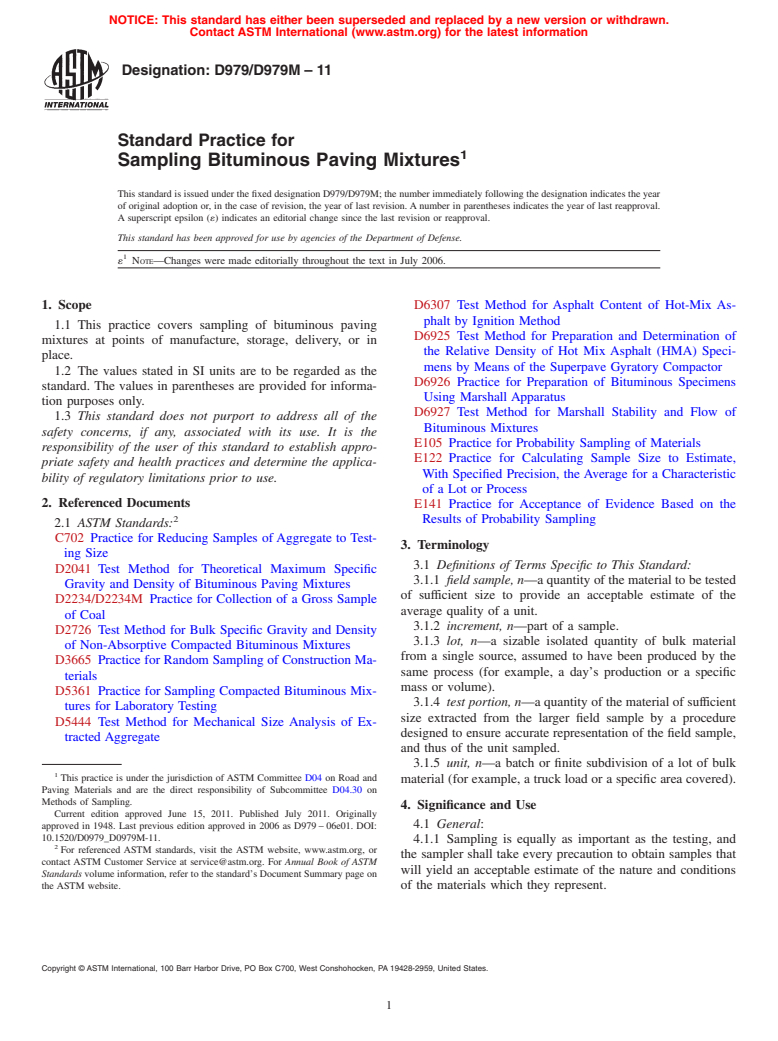 ASTM D979/D979M-11 - Standard Practice for  Sampling Bituminous Paving Mixtures
