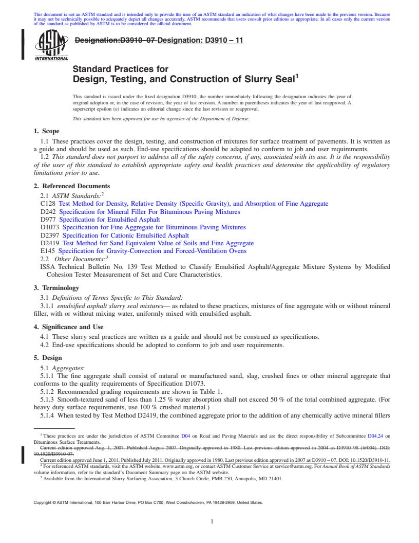 REDLINE ASTM D3910-11 - Standard Practices for  Design, Testing, and Construction of Slurry Seal