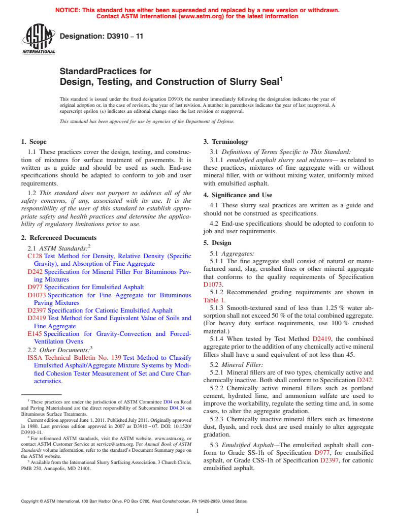 ASTM D3910-11 - Standard Practices for  Design, Testing, and Construction of Slurry Seal