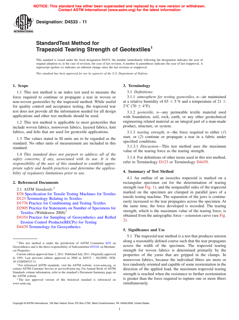 ASTM D4533-11 - Standard Test Method for  Trapezoid Tearing Strength of Geotextiles