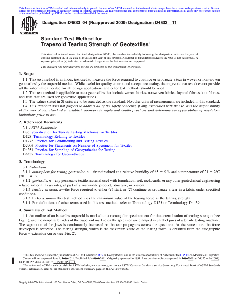 REDLINE ASTM D4533-11 - Standard Test Method for  Trapezoid Tearing Strength of Geotextiles