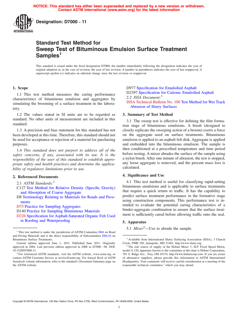 ASTM D7000-11 - Standard Test Method for Sweep Test of Bituminous Emulsion Surface Treatment Samples