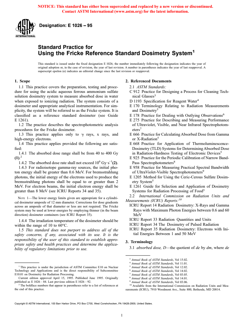 ASTM E1026-95 - Standard Practice for Using the Fricke Reference Standard Dosimetry System
