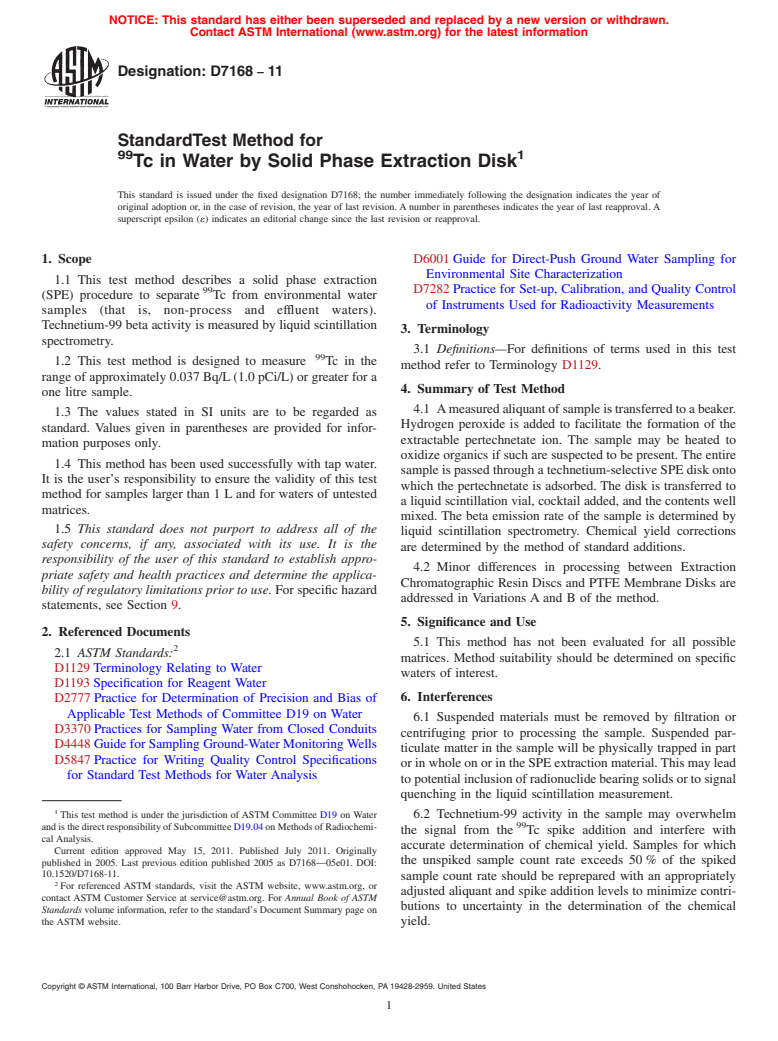 ASTM D7168-11 - Standard Test Method for <sup>99</sup>Tc in Water by Solid Phase Extraction Disk