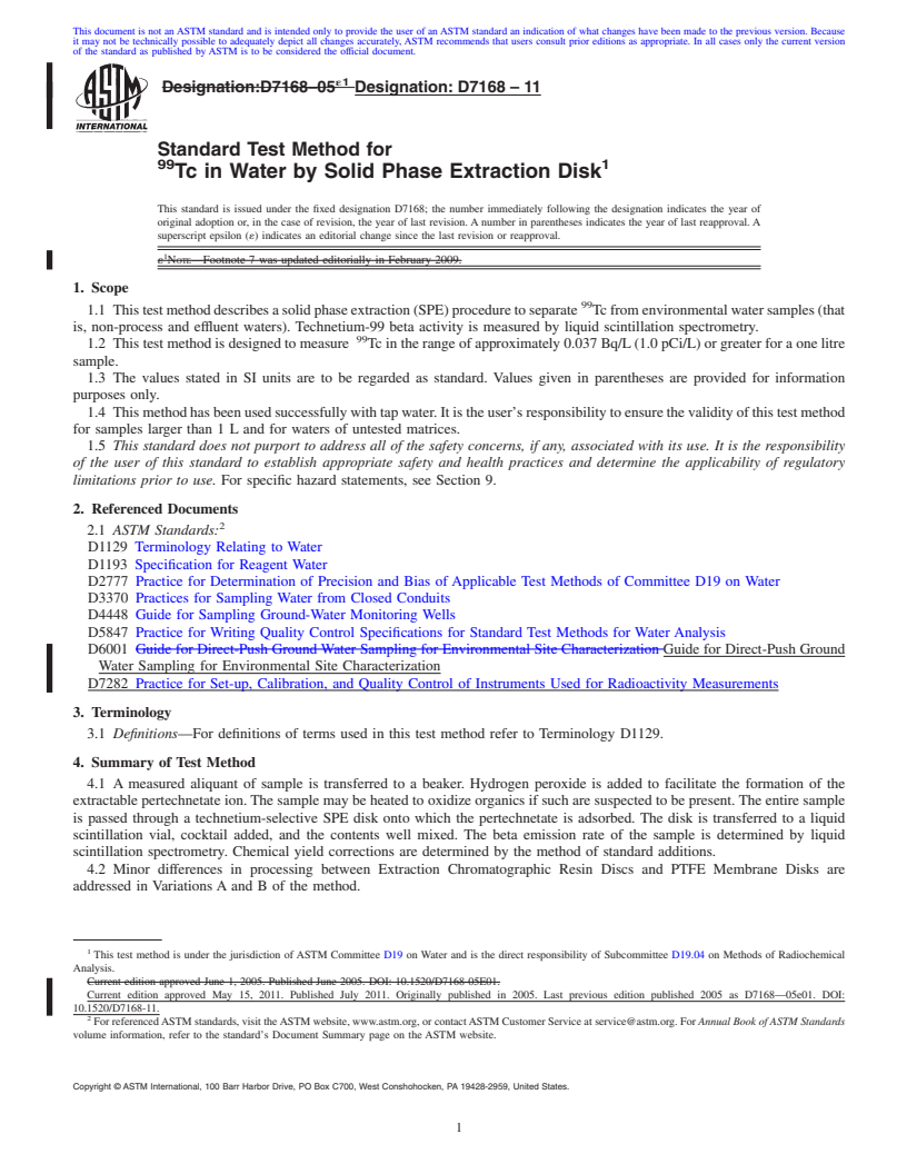 REDLINE ASTM D7168-11 - Standard Test Method for <sup>99</sup>Tc in Water by Solid Phase Extraction Disk