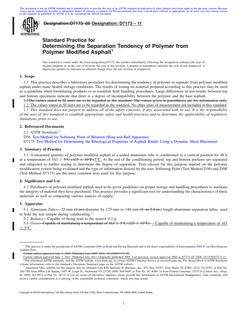 REDLINE ASTM D7173-11 - Standard Practice for Determining the Separation Tendency of Polymer from Polymer Modified  Asphalt