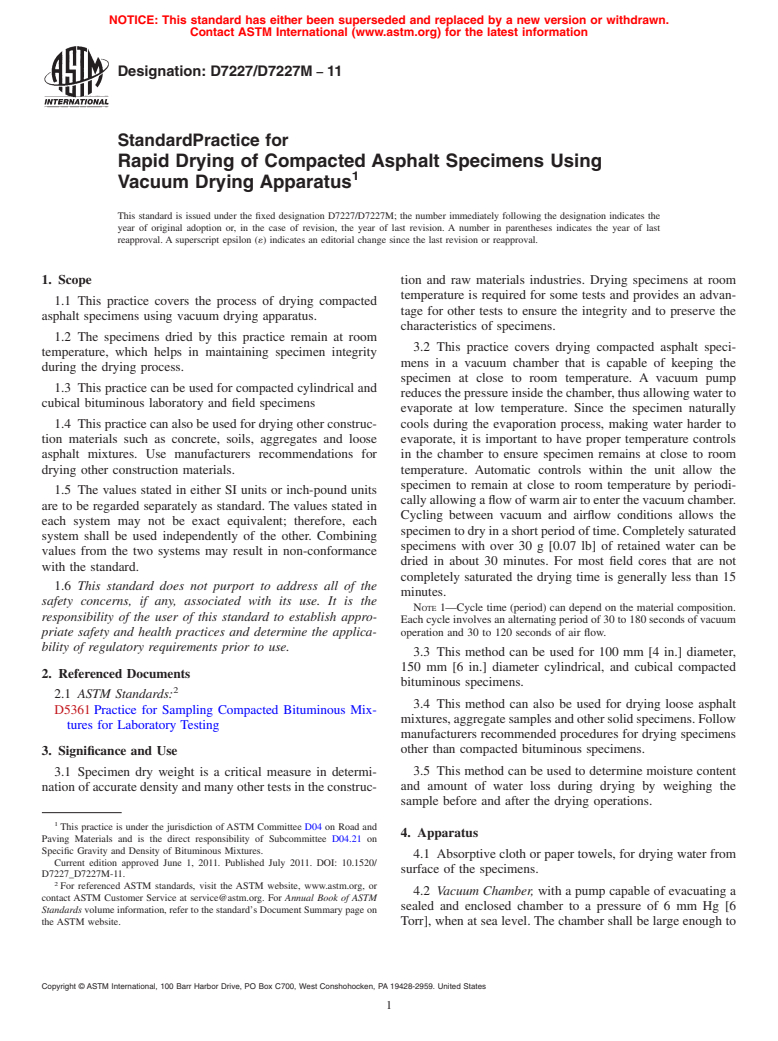 ASTM D7227/D7227M-11 - Standard Practice for Rapid Drying of Compacted Asphalt Specimens Using Vacuum Drying Apparatus