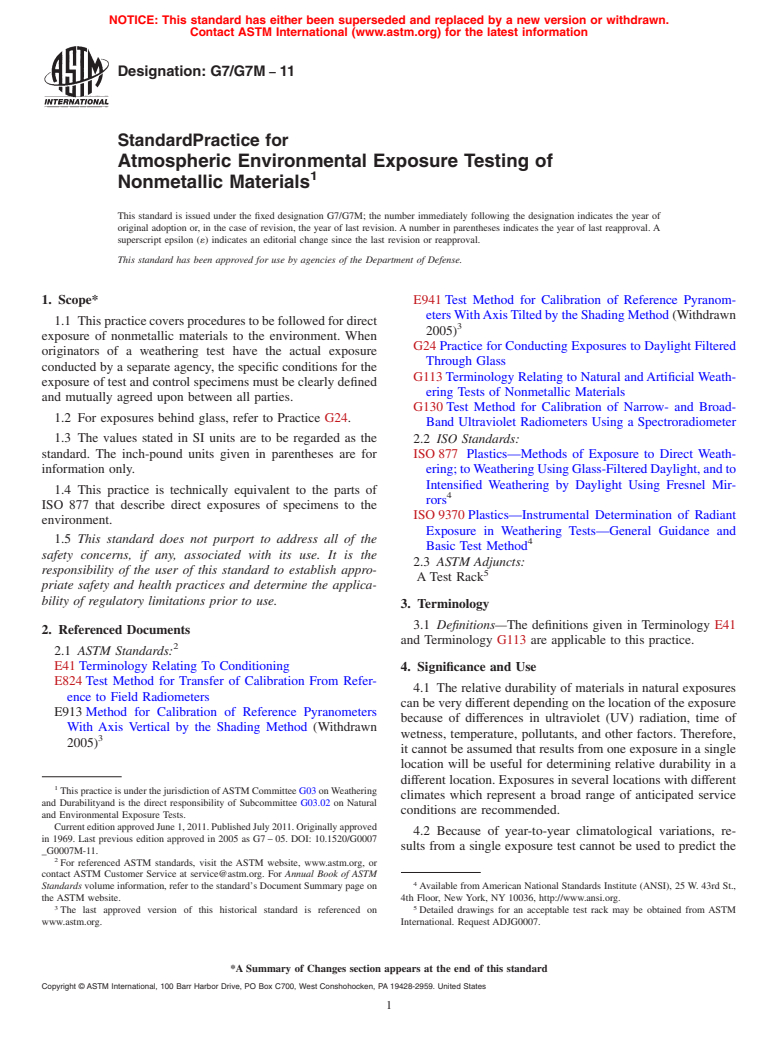 ASTM G7/G7M-11 - Standard Practice for  Atmospheric Environmental Exposure Testing of Nonmetallic Materials