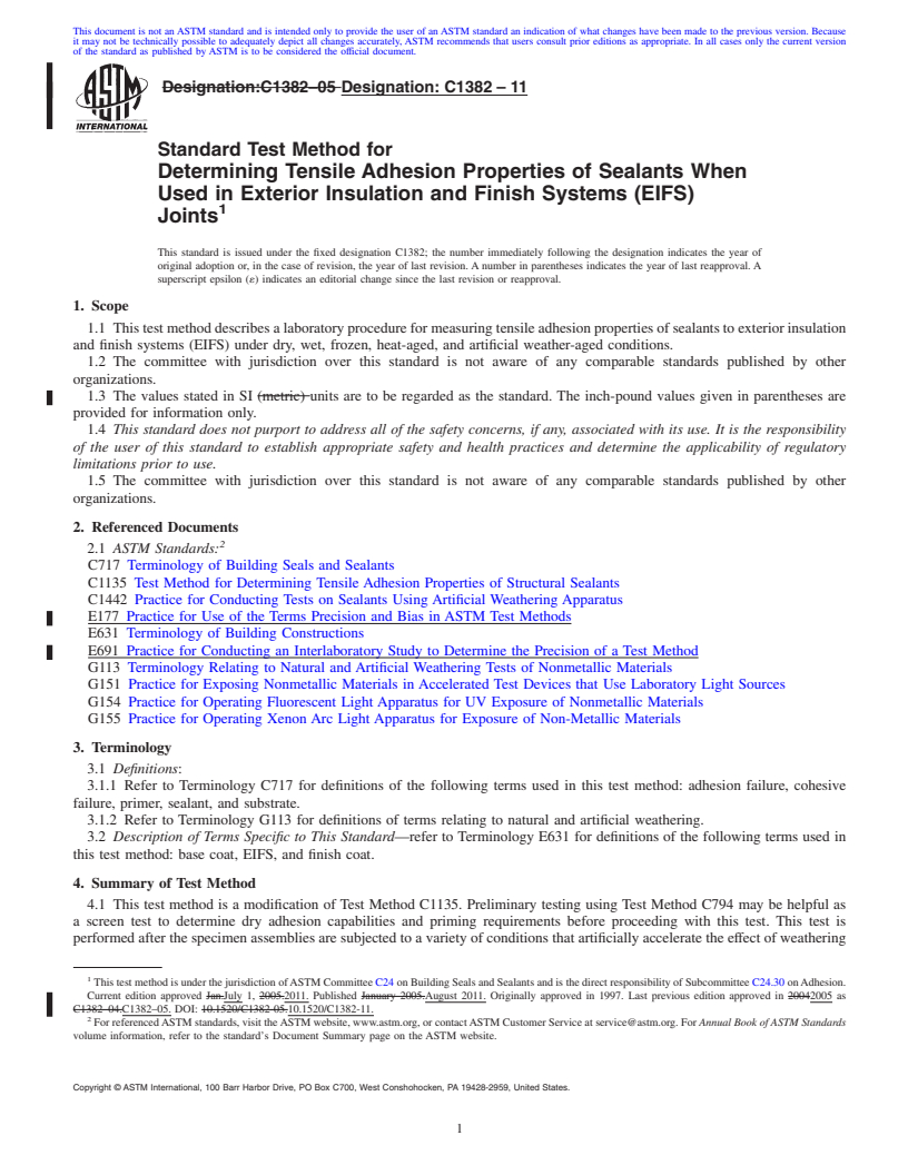 REDLINE ASTM C1382-11 - Standard Test Method for Determining Tensile Adhesion Properties of Sealants When Used in Exterior Insulation and Finish Systems (EIFS) Joints