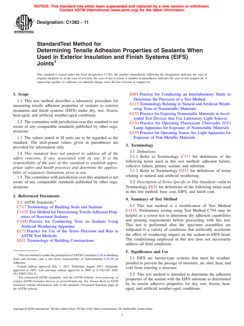 ASTM C1382-11 - Standard Test Method for Determining Tensile Adhesion Properties of Sealants When Used in Exterior Insulation and Finish Systems (EIFS) Joints