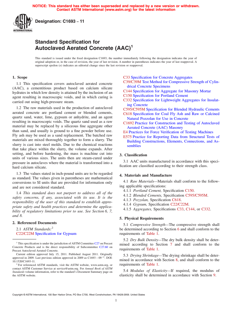 ASTM C1693-11 - Standard Specification for Autoclaved Aerated Concrete (AAC)