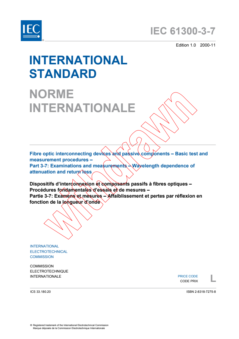 IEC 61300-3-7:2000 - Fibre optic interconnecting devices and passive components - Basic test and measurement procedures - Part 3-7: Examinations and measurements - Wavelength dependence of attenuation and return loss
Released:11/28/2000
Isbn:2831872758