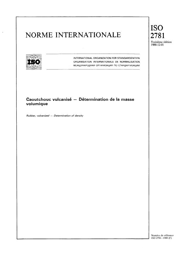 ISO 2781:1988 - Caoutchouc vulcanisé -- Détermination de la masse volumique