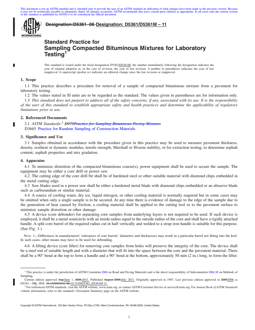 REDLINE ASTM D5361/D5361M-11 - Standard Practice for Sampling Compacted Bituminous Mixtures for Laboratory Testing