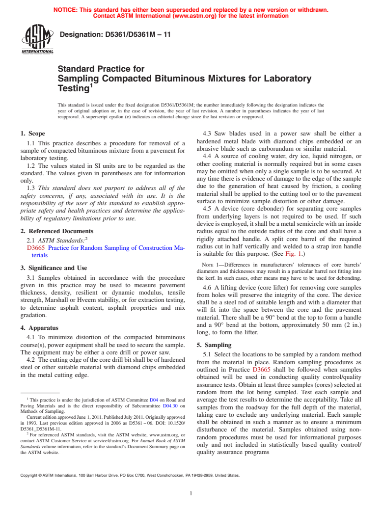 ASTM D5361/D5361M-11 - Standard Practice for Sampling Compacted Bituminous Mixtures for Laboratory Testing