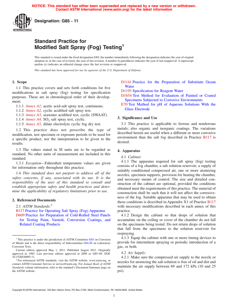 ASTM G85-11 - Standard Practice for Modified Salt Spray (Fog) Testing
