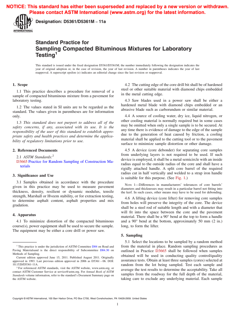 ASTM D5361/D5361M-11a - Standard Practice for Sampling Compacted Bituminous Mixtures for Laboratory Testing