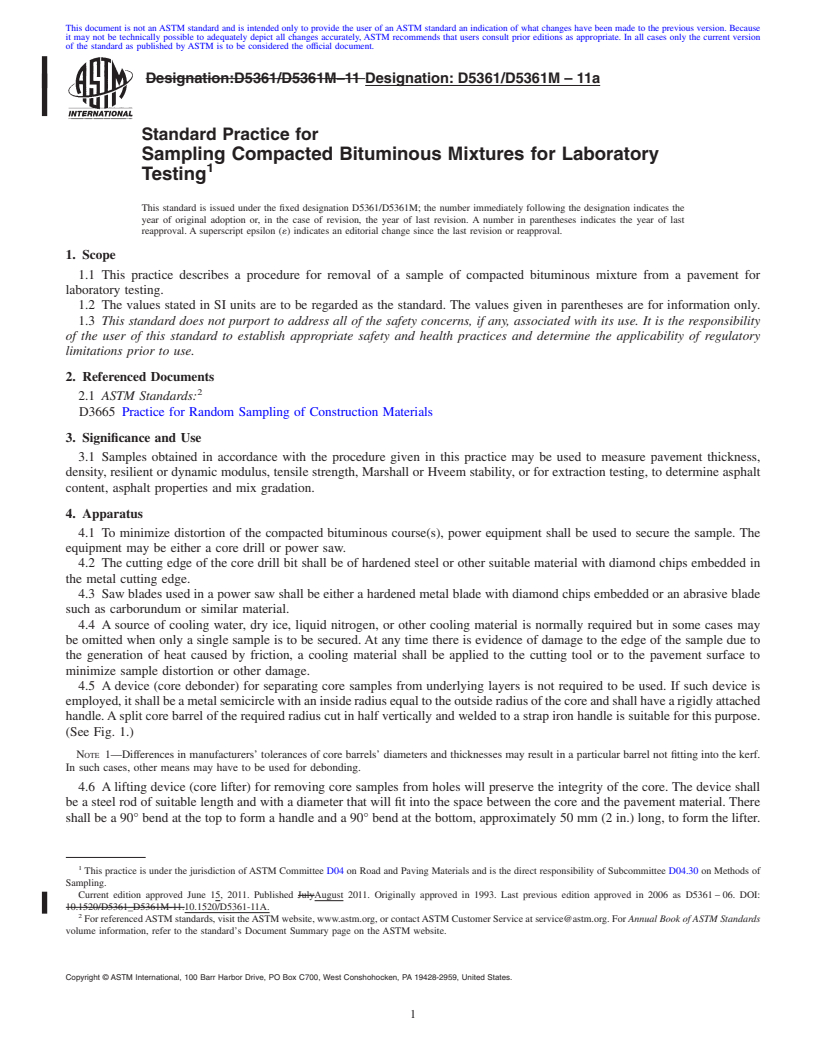 REDLINE ASTM D5361/D5361M-11a - Standard Practice for Sampling Compacted Bituminous Mixtures for Laboratory Testing