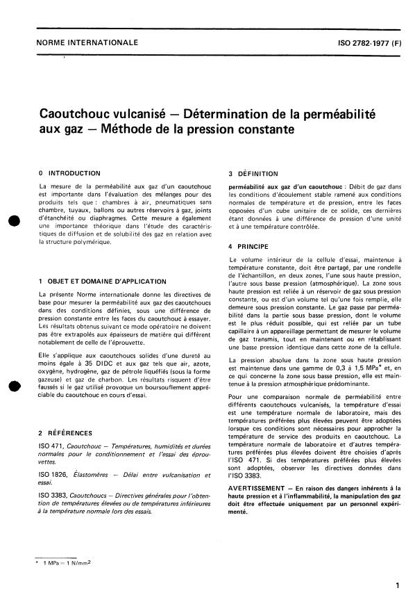 ISO 2782:1977 - Caoutchouc vulcanisé -- Détermination de la perméabilité aux gaz -- Méthode de la pression constante