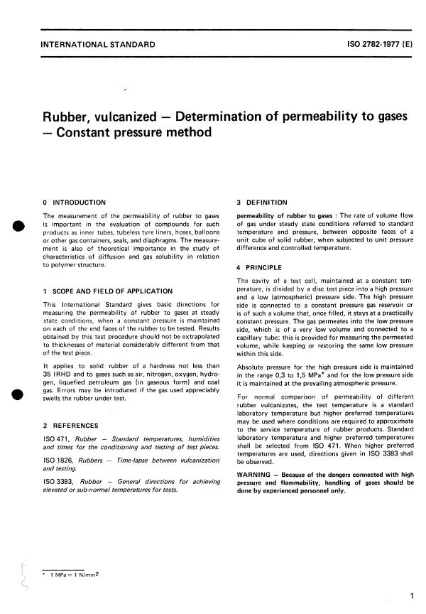 ISO 2782:1977 - Rubber, vulcanized -- Determination of permeability to gases -- Constant pressure method