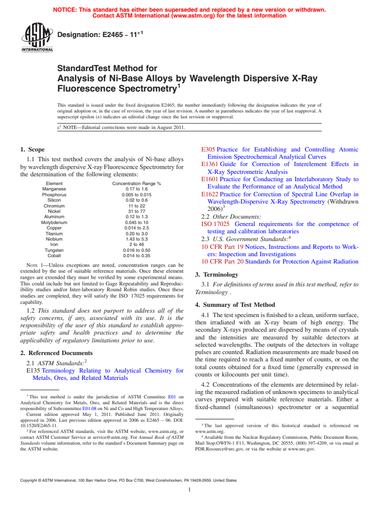 ASTM E2465-11e1 - Standard Test Method for Analysis of Ni-Base Alloys by Wavelength Dispersive X-Ray Fluorescence Spectrometry